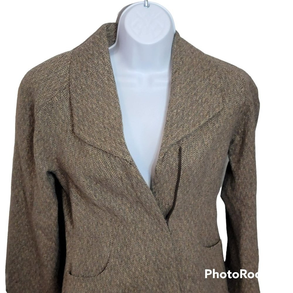 Boston Proper Women's Size 6 Brown Herringbone Tweed 100% Wool Zip Up Blazer